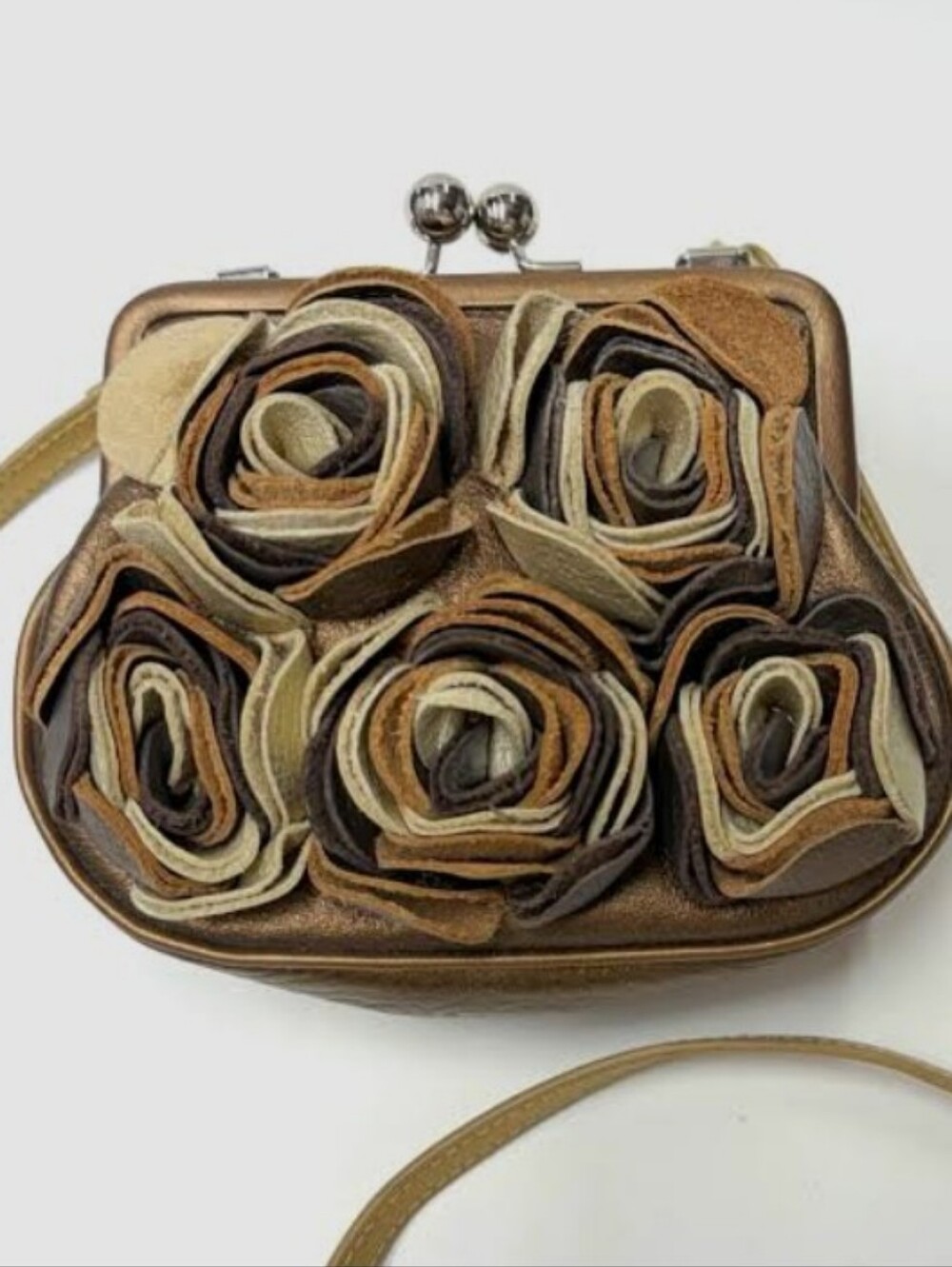 Brighton-Floral Appliqué Leather Mini Metallic Kiss Lock Crossbody Bag 🤎